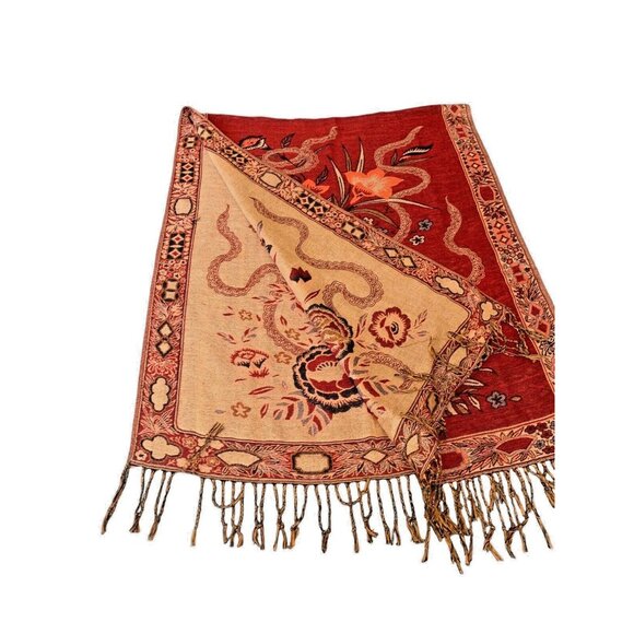Vintage Asian Theme Large Reversible Fringed Orange Gold Brown Art Scarf Shawl - Picture 6 of 8